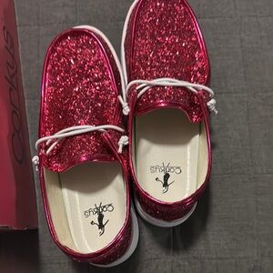 Corkys Pink Glitter Moccasins with White Trim